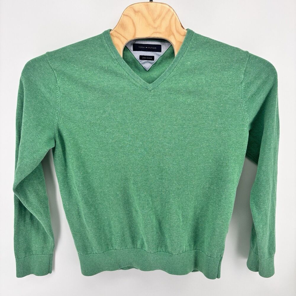 Tommy Hilfiger Linen Cotton Green V Neck Sweater Pullover